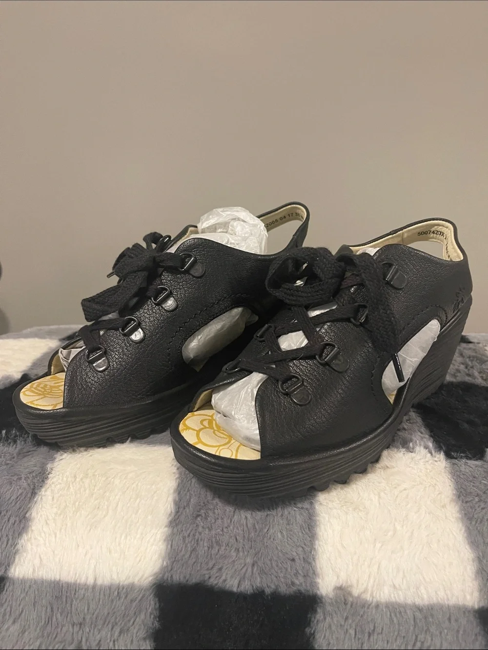 Fly London Black Lace-Up Leather Wedge Sandals